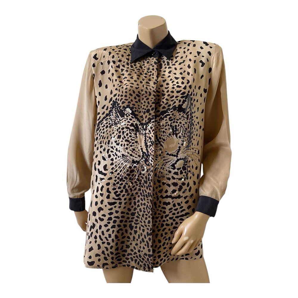 Vintage 90s Diane Gilman Blouse Womens M Silk Leopard Sequin Button Front Beige